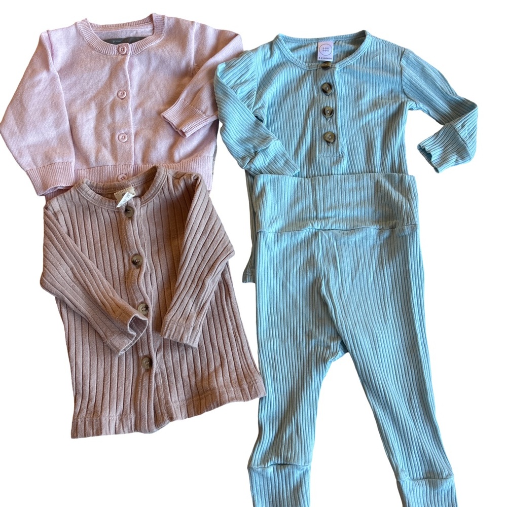 3-6 Months pink cotton Sweater, cotton beige Top & blue rayon ribbed top bottom
